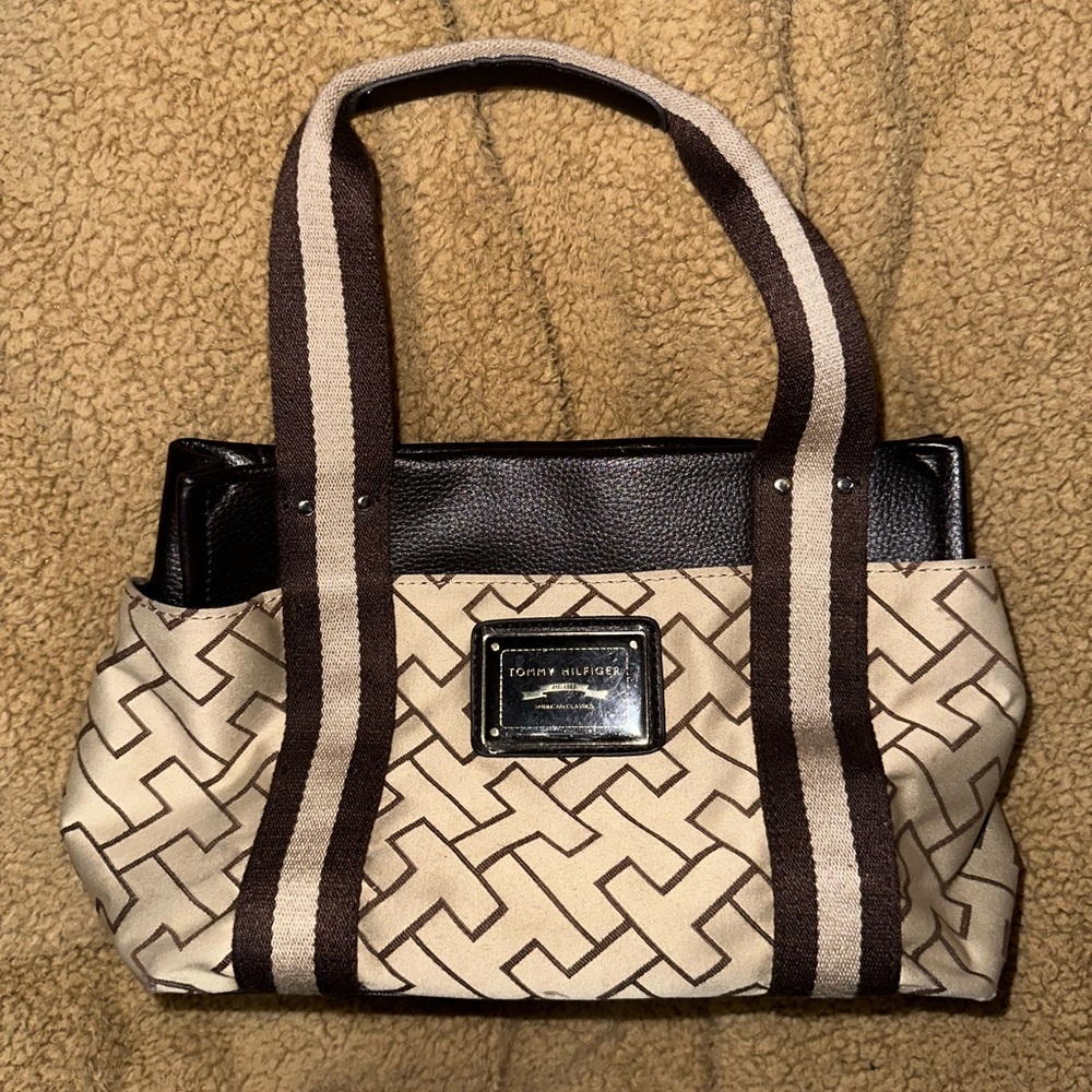 Vintage 90s Tommy Hilfiger Womens Purse Brown Monogram Shoulder Bag Geometric